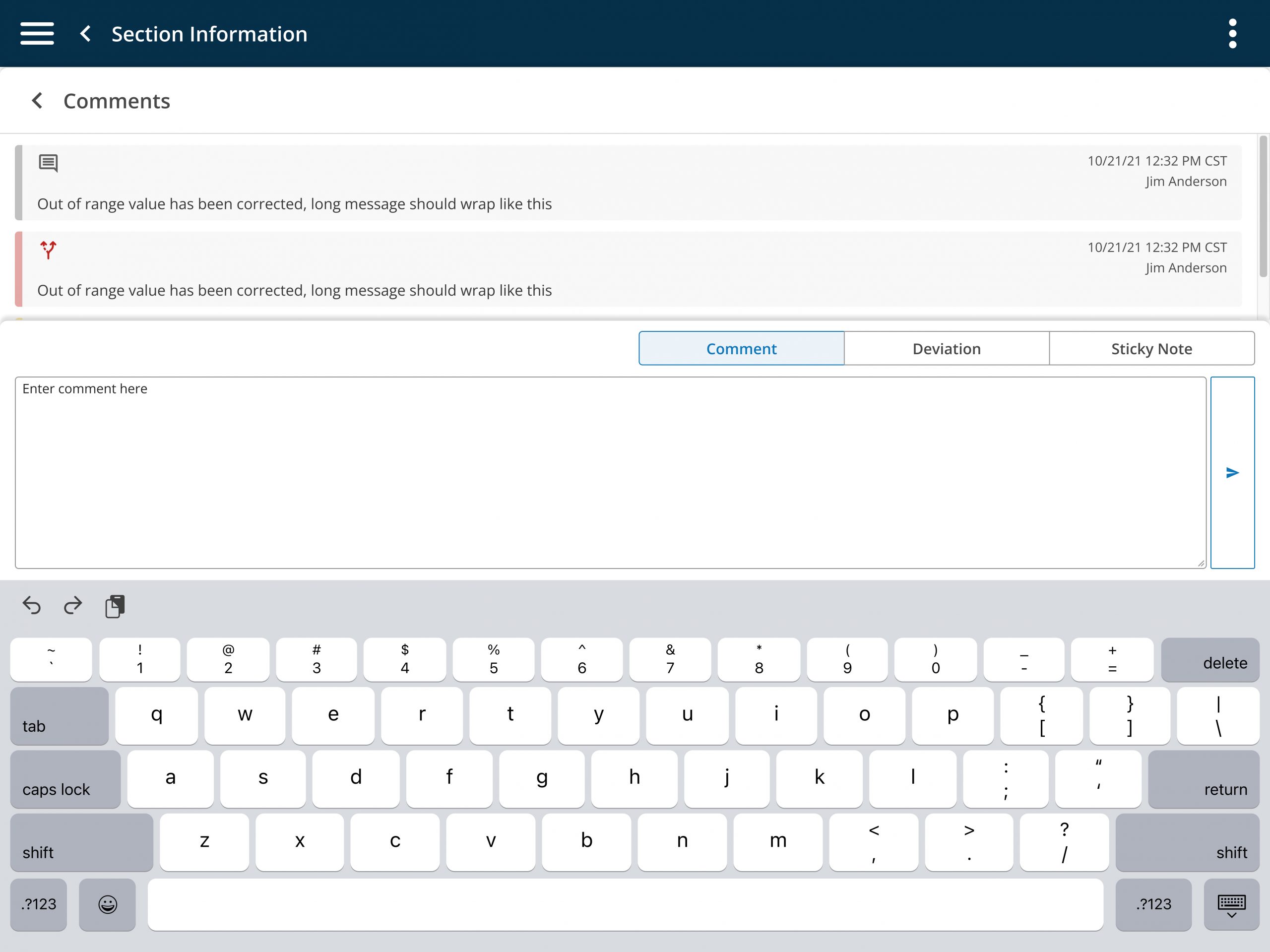 MES Tablet Entering Comment 